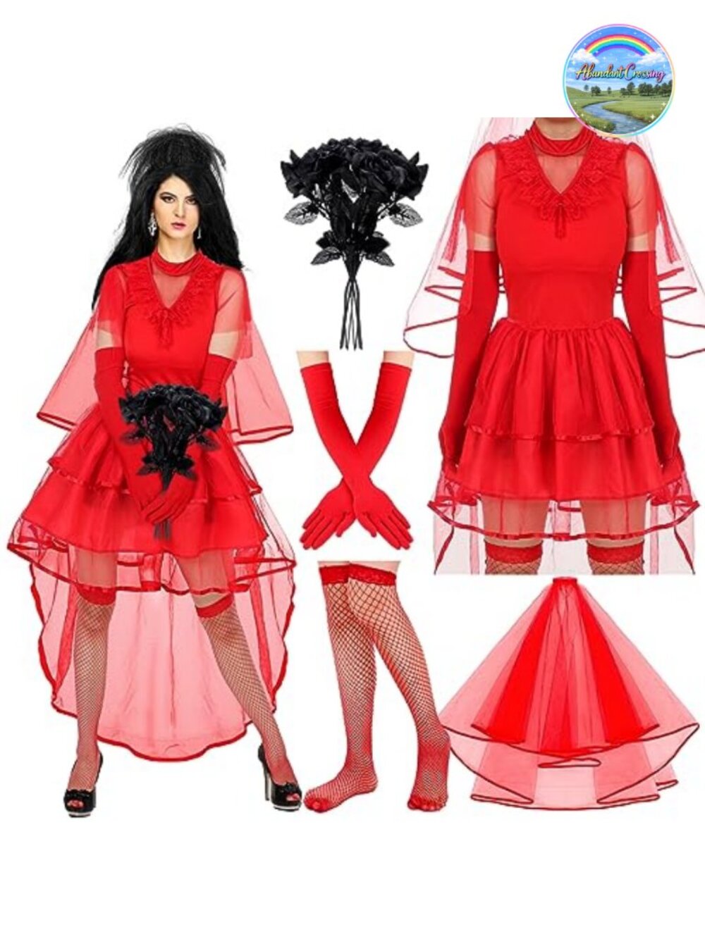Gothic Bride Halloween Costume Set Lace Dress Gloves Headpiece